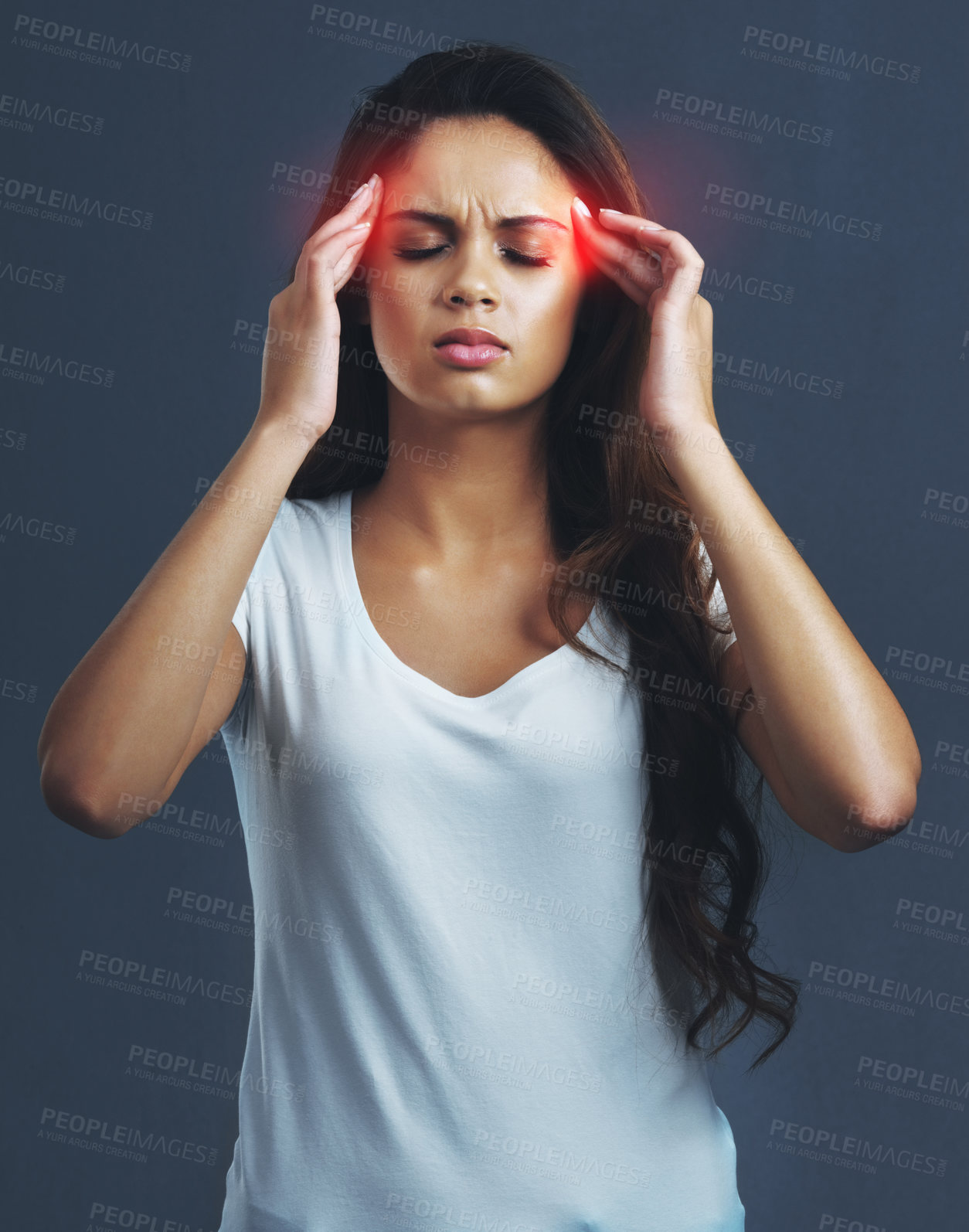 Buy stock photo Woman, stress headache and frustrated in studio for burnout, mistake and tired or exhausted. Female person, temple massage and migraine with red glow, fatigue and upset for pain by dark background