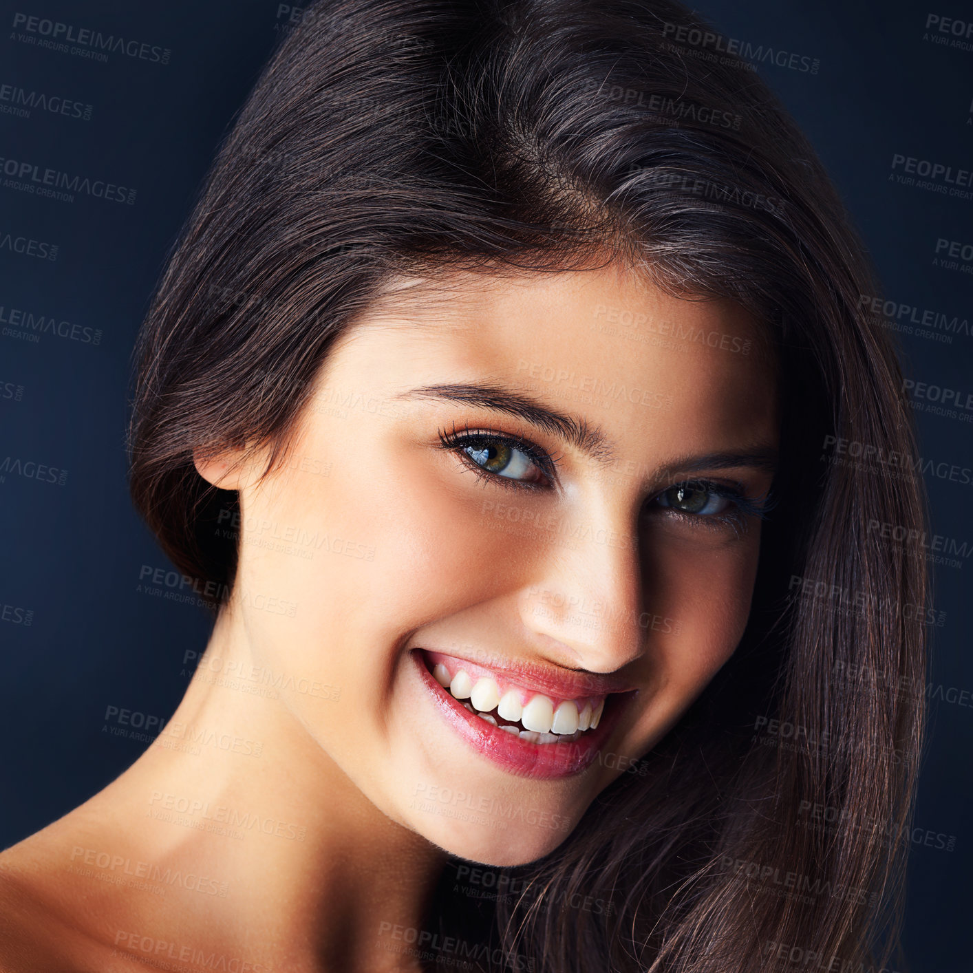 Buy stock photo Portrait, hair care and woman with beauty, smile and dermatology on dark studio background. Face, happy person and model with glow, grooming routine and shampoo with texture, volume and aesthetic
