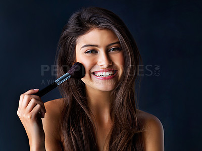 Buy stock photo Portrait, girl and makeup brush in studio for beauty glamour, salon or foundation product of transformation. Happy, woman and facial tool of cosmetic routine, aesthetic and elegant on blue background