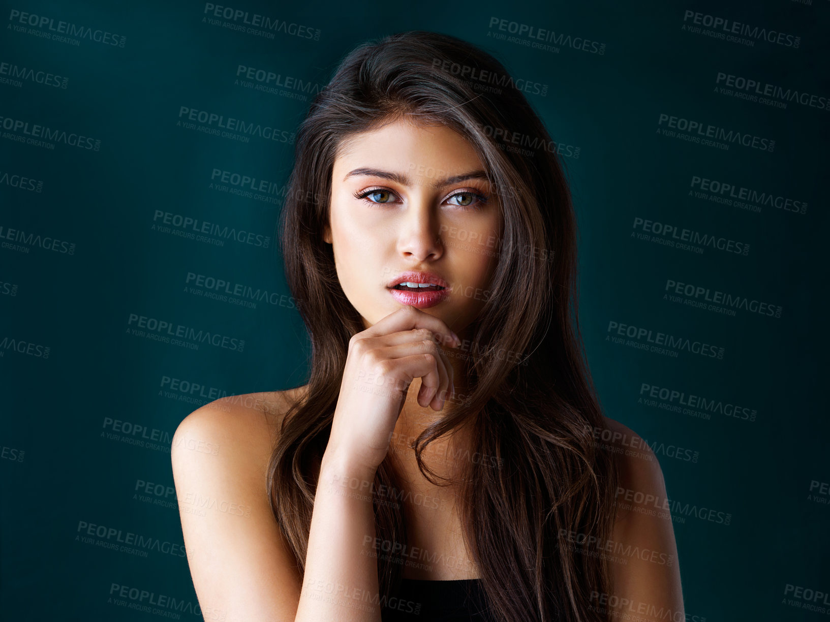 Buy stock photo Portrait, hair care and woman with beauty, aesthetic and dermatology on dark studio background. Face, person and model with glow, grooming routine or organic treatment with keratin, texture or volume