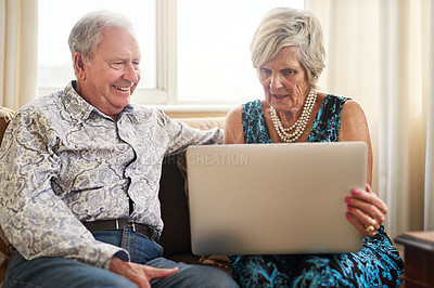Buy stock photo Couple, senior and relax with laptop in house for watching movie, streaming film and bonding on retirement break. Happy, elderly people and digital with love for entertainment, subscription or lounge