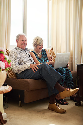 Buy stock photo Senior, couple and laptop to relax in house for watching movie, streaming film and bonding on retirement break. Happy, elderly people and digital with love for entertainment, subscription or lounge