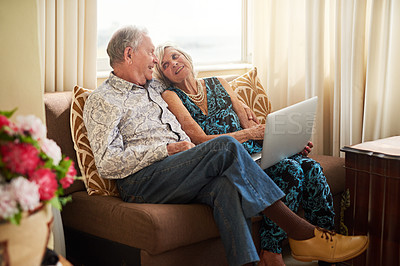 Buy stock photo Senior, couple and love with laptop in house for watching movie, streaming film and bonding on retirement break. Happy, elderly people and digital to relax for entertainment, subscription or lounge