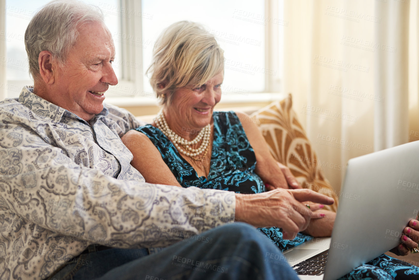 Buy stock photo Love, senior and couple with laptop in house for watching movie, streaming film and bonding on retirement break. Happy, elderly people and digital with relax for entertainment, subscription or lounge