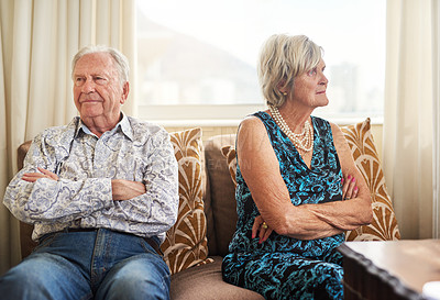 Buy stock photo Retirement, marriage and senior couple in home with fight, conflict and sad for divorce or challenge. Elderly, people and frustrated with problem, anger and stress for decision and sorry for mistake