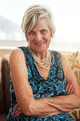 Buy stock photo Senior woman, portrait and arms crossed with smile in home, relax and living room for rest. Comfort, sofa or happiness for elderly person, grandmother and fashion for retirement house event in lounge