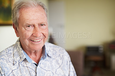 Buy stock photo Senior, man and portrait at nursing home with pension, smile and confidence in living room. Retirement, face and relax in a house happy with wellness with comfort, calm and grandfather with joy