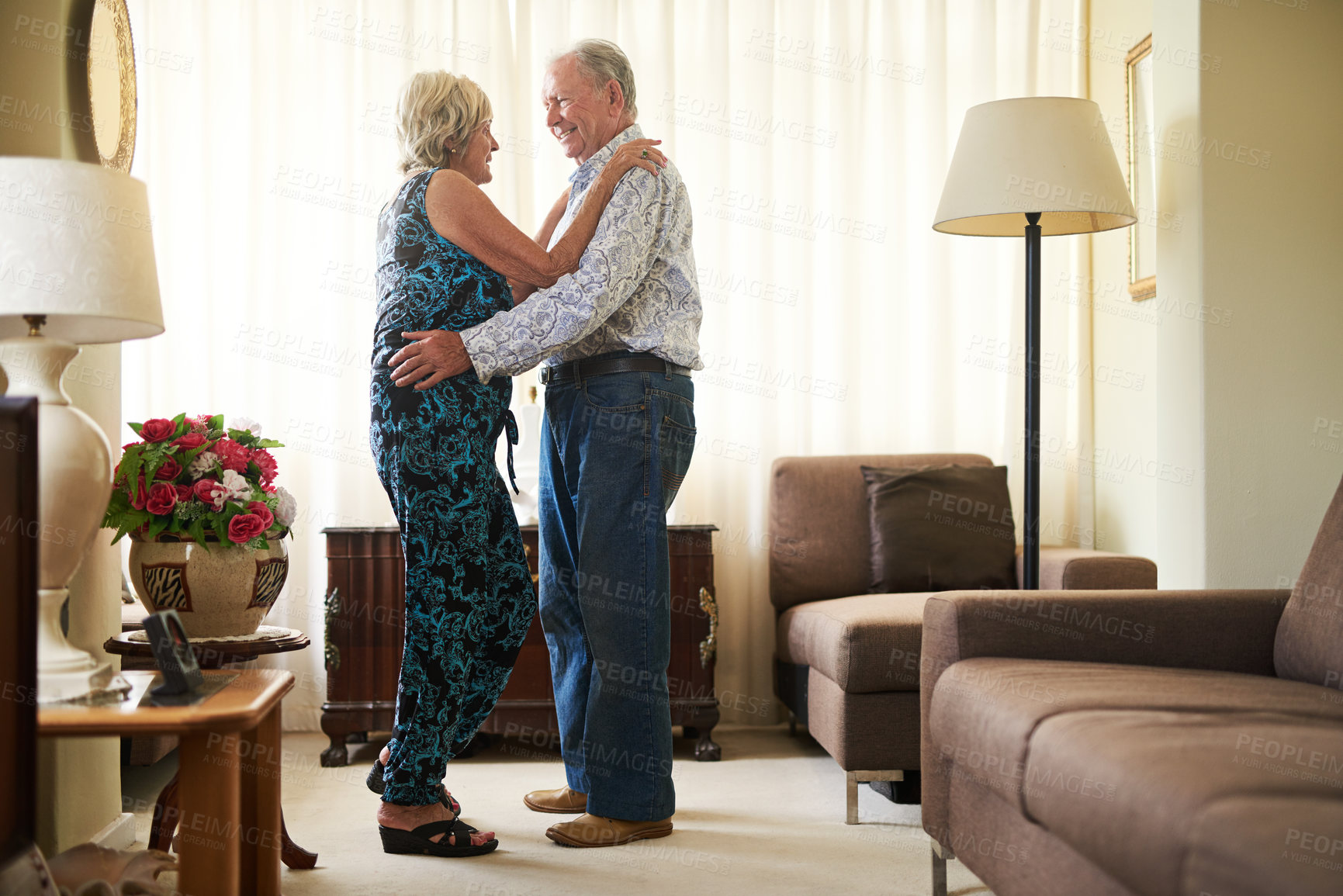Buy stock photo Dance, music and smile with elderly couple in living room of retirement home for bonding or security. Anniversary, fun or love with senior man and woman in apartment together for safety or trust