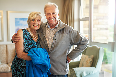 Buy stock photo Senior, couple and portrait at nursing home with pension, smile and confidence in living room. Retirement, face and relax in a house with elderly people. love and care from bonding and marriage