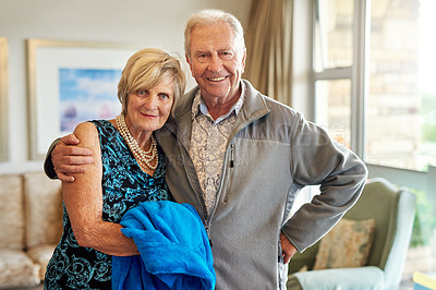 Buy stock photo Senior couple, hug and portrait in home, relax and unity together in living room. Dress up, smile and married people for dress up and event in retirement house, man and female person for outing
