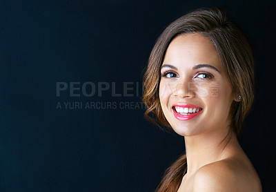 Buy stock photo Beauty, portrait and happy woman in mockup with makeup, confidence and healthy skin glow in studio. Skincare, dermatology and face of girl with luxury cosmetics, smile and shine on blue background