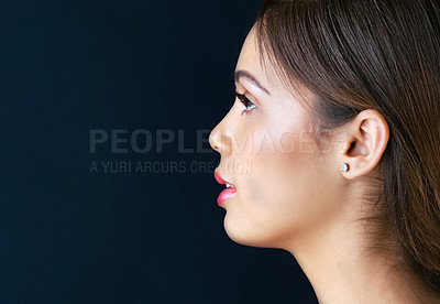 Buy stock photo Beauty, cosmetics and profile of woman in studio with mockup, confidence and healthy skin glow. Skincare, dermatology and face of girl with luxury makeup, pride and shine on dark background space