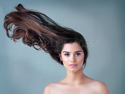 Buy stock photo Studio shot of a beautiful young woman posing against a gray background