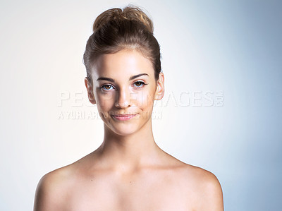 Buy stock photo Studio portrait of a beautiful young woman with her hair back