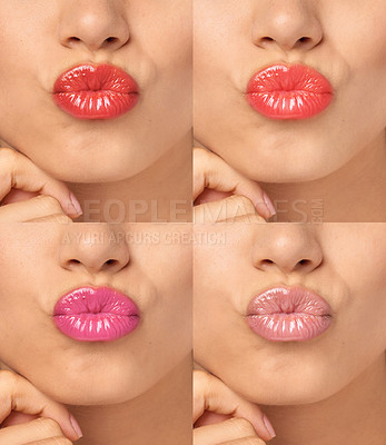 Buy stock photo Composite shot of an unidentifiable model wearing different shades of lipstick in studio