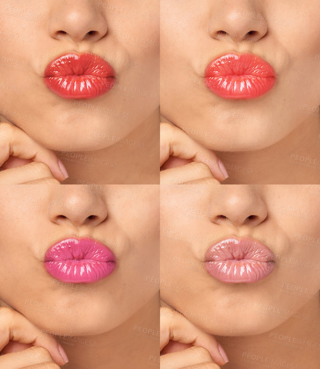 Buy stock photo Composite shot of an unidentifiable model wearing different shades of lipstick in studio