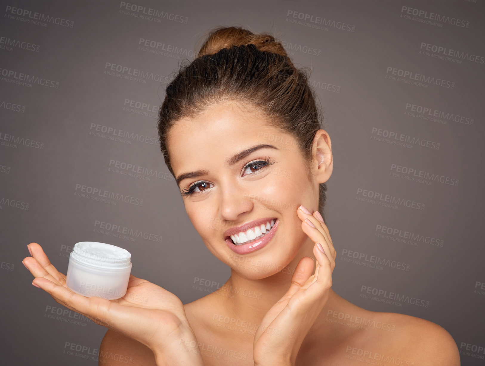 Buy stock photo Skincare, jar and portrait of woman with cream for face, wellness and facial care on gray background. Dermatology, salon and person with moisturizer, lotion and anti aging cosmetics in studio