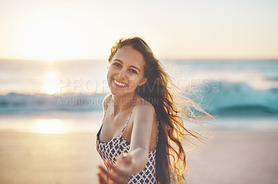 Buy stock photo Shot of a happy woman at the beach