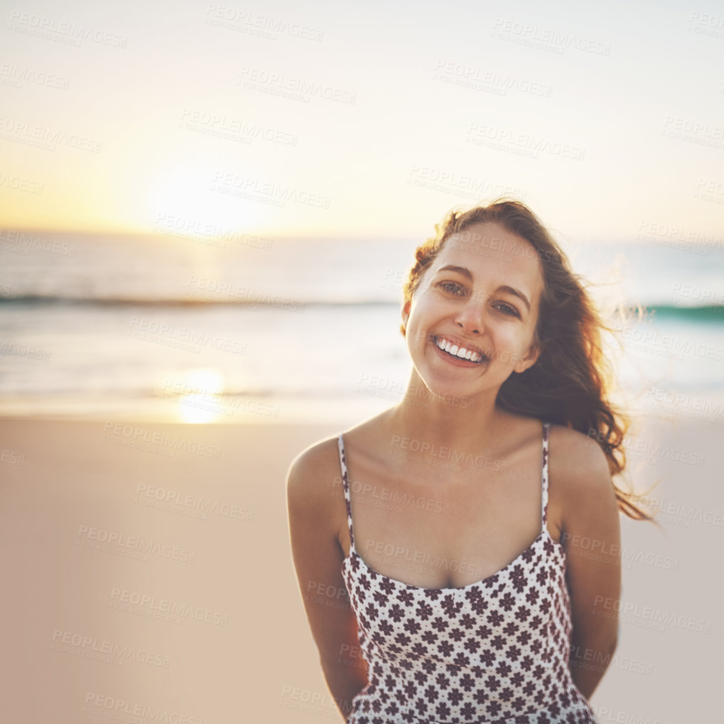 Buy stock photo Woman, portrait and relax at beach on vacation, water and travel to Bali for holiday at sea. Female person, peace and waves in outdoor nature, tropical island and tourist by ocean on mockup space