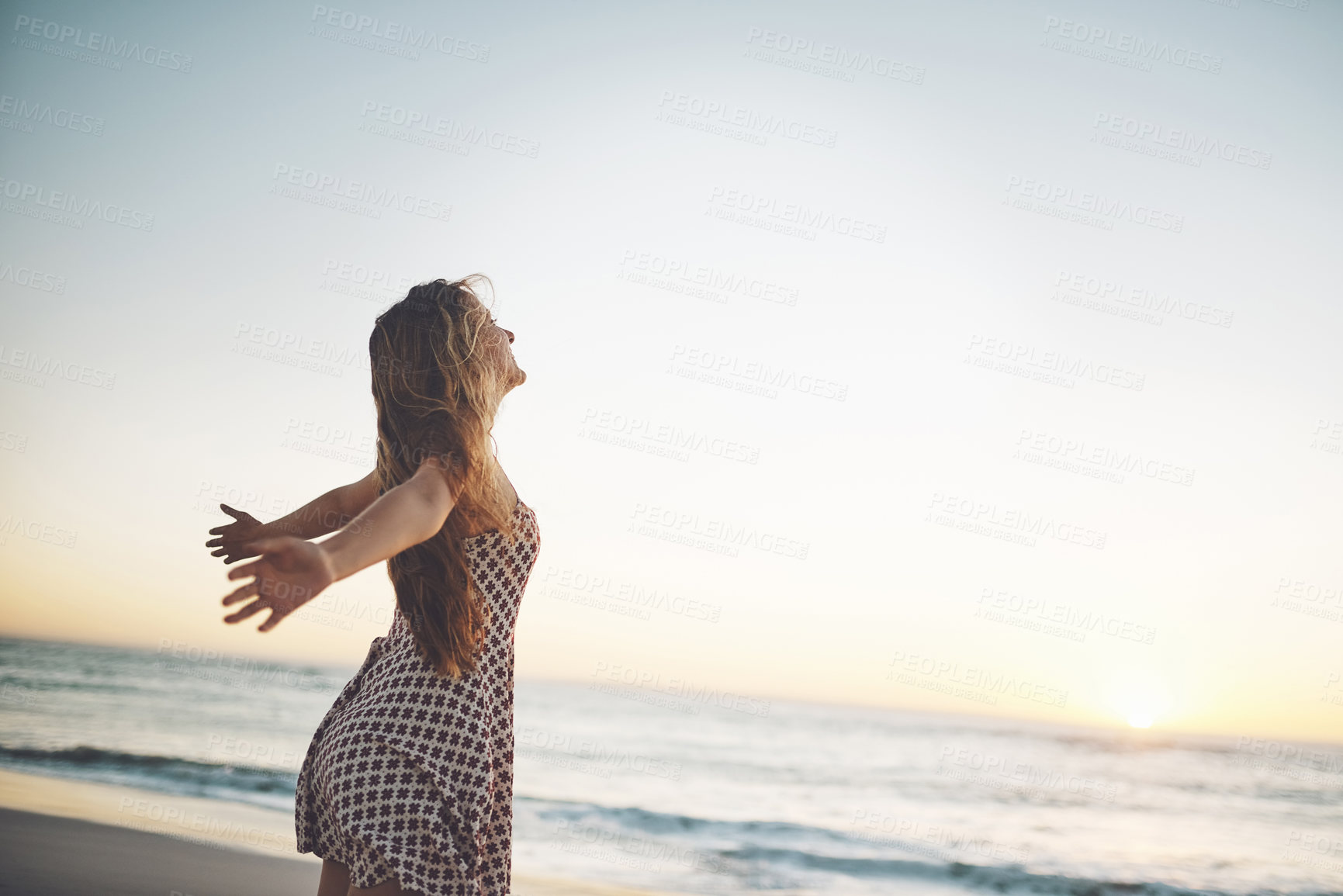 Buy stock photo Woman, freedom and peace at beach on vacation, water and travel to Bali for holiday at sea. Female person, mockup space and waves on trip in outdoor nature, tropical island and tourist relax by ocean