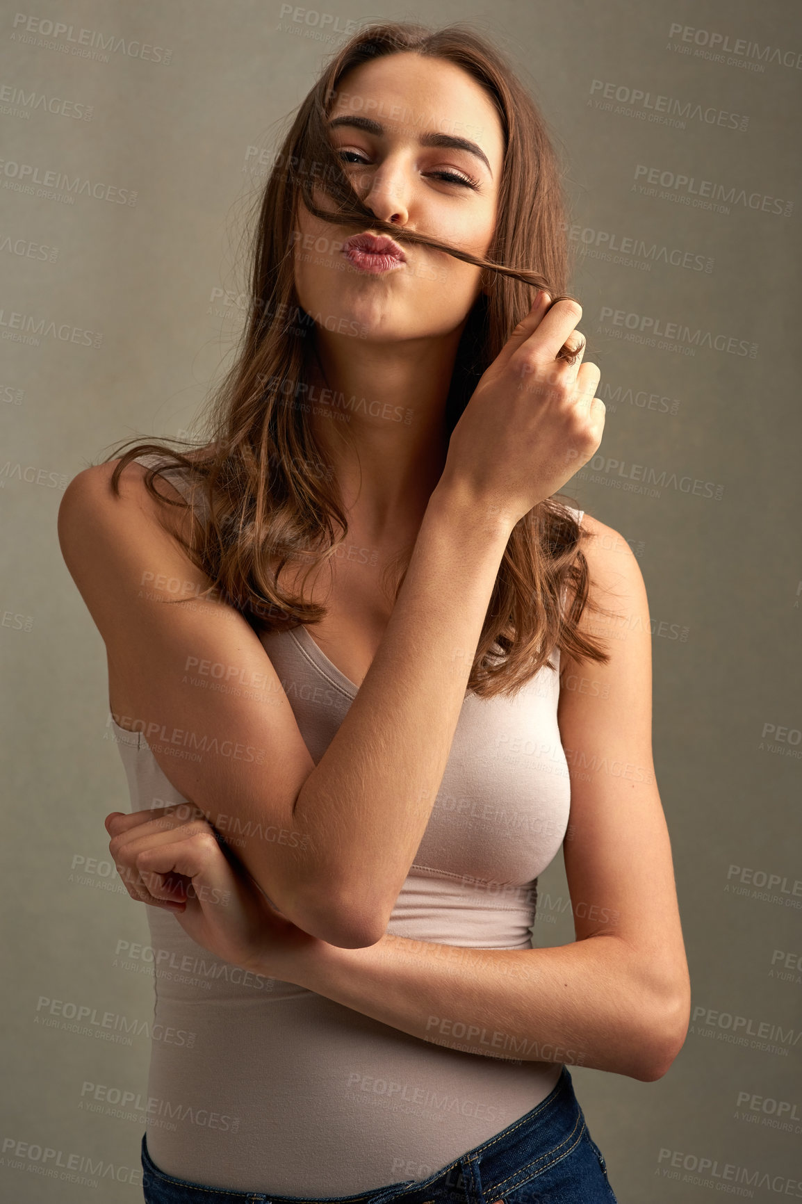 Buy stock photo Happy, hair and portrait of woman with mustache in studio for salon, healthy texture and growth. Funny joke, comic and isolated person with confidence, beauty and wellness on brown background