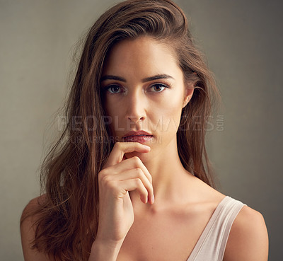 Buy stock photo Hair care, portrait and model in studio with confidence for cosmetics, shampoo or keratin treatment on brown background. Beauty, body and woman for natural glow, satisfaction or healthy texture