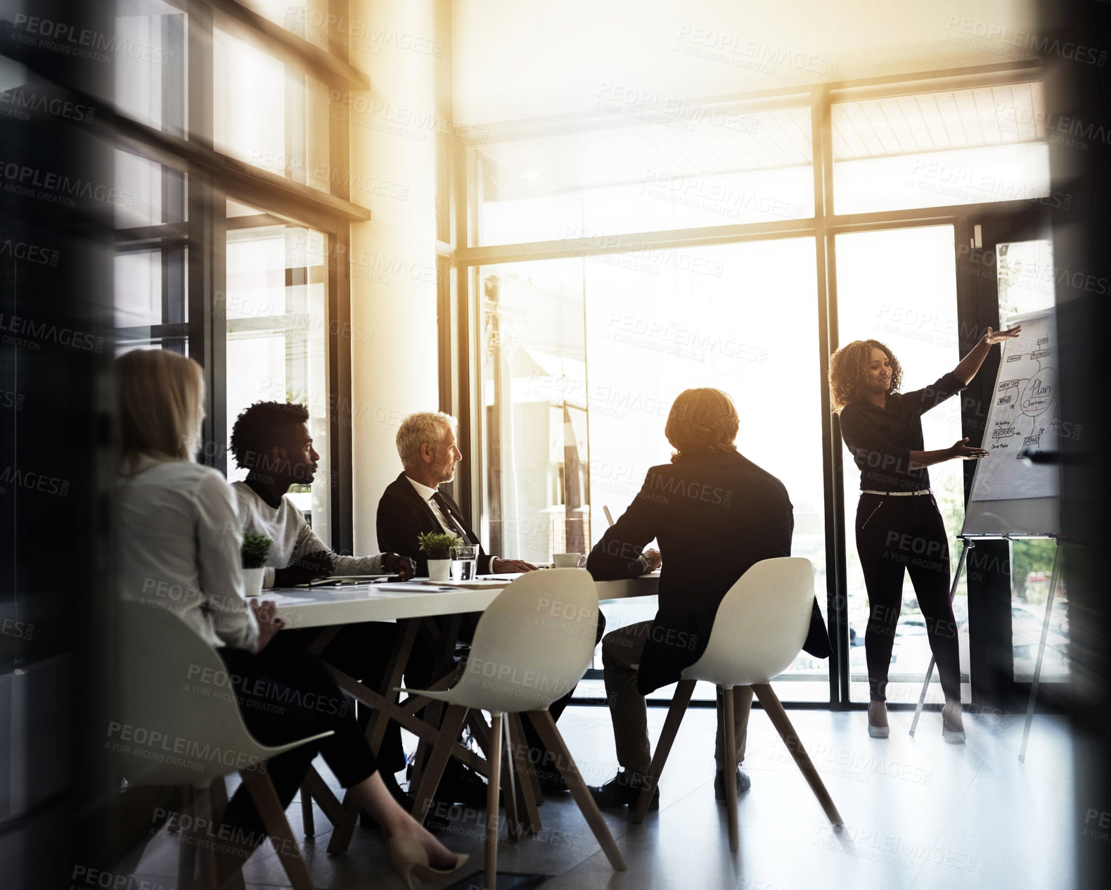 Buy stock photo Shot of a young businesswoman giving a presentation to colleagues in a boardroom