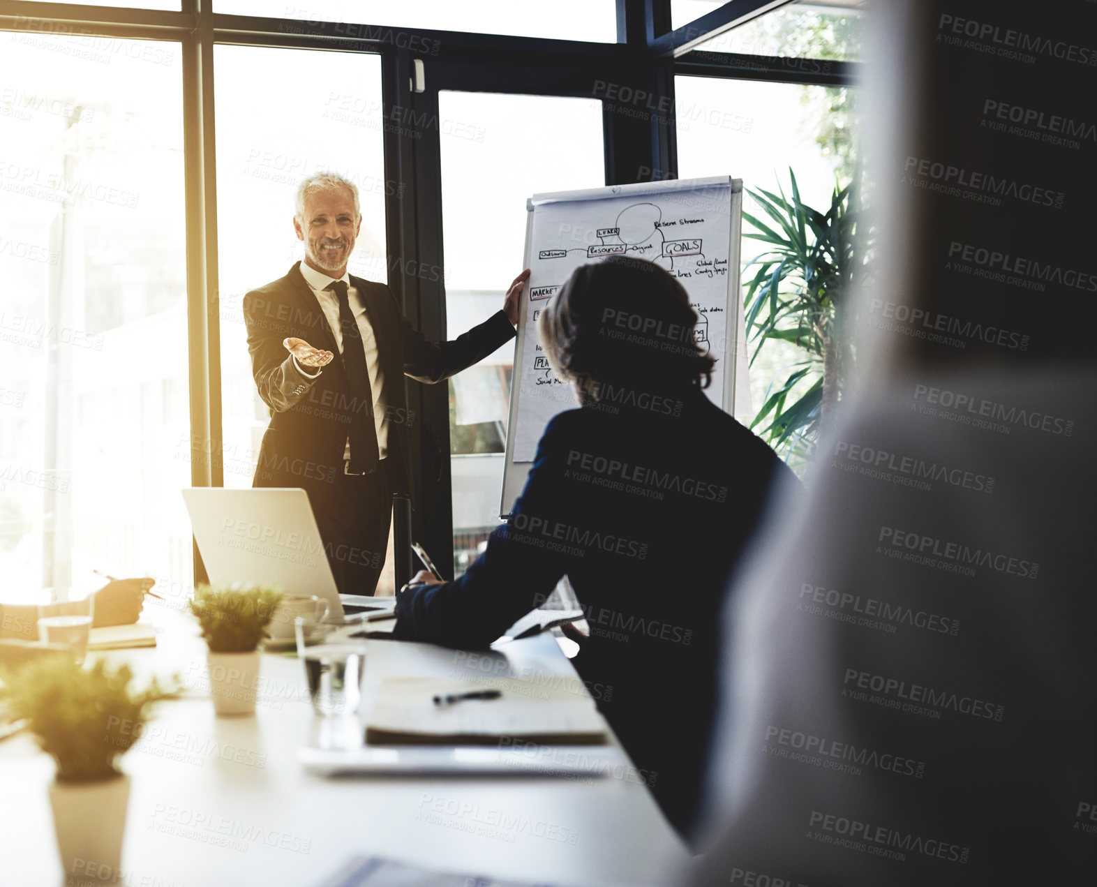 Buy stock photo Presentation, man and teaching with business people in meeting for financial, speaker and company valuation. Investment report, asset management and budget portfolio with employees in office