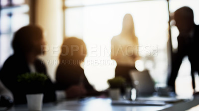 Buy stock photo Meeting, blur and team of employees in office planning a corporate project in collaboration. Teamwork, brainstorming and group of business people in discussion working together in workplace boardroom