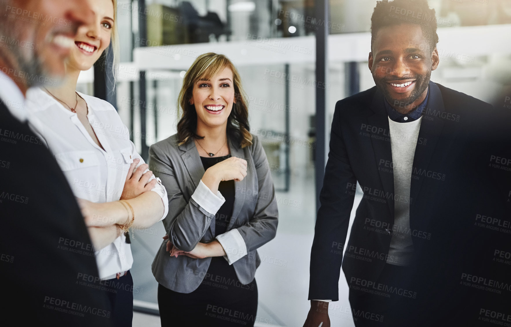 Buy stock photo Meeting, planning and smile with business people in office boardroom for team building. Collaboration, diversity and flare with happy employee group in corporate workplace for professional management