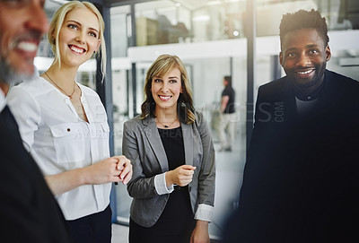 Buy stock photo Diversity, meeting and smile with business people in office boardroom for team building. Collaboration, flare and planning with happy employee group in corporate workplace for professional management