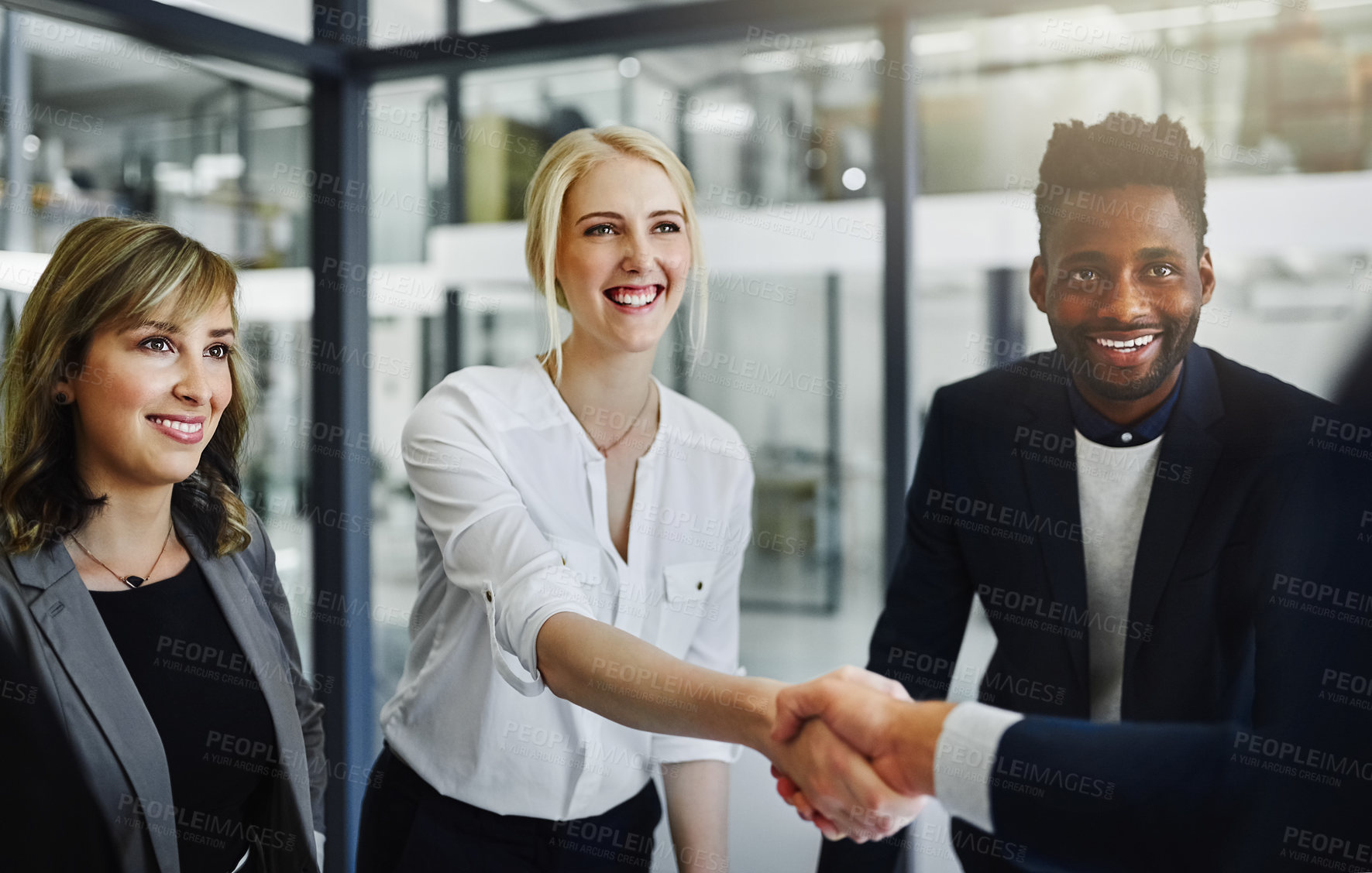 Buy stock photo Handshake, partnership and welcome with business people in boardroom of office for agreement or deal. B2B, meeting and thank you with employee team in workplace for corporate diversity or success