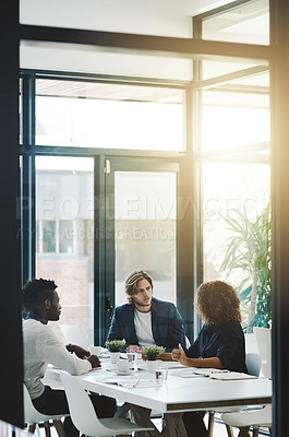 Buy stock photo Strategy, teamwork and meeting with business people in boardroom for planning, brainstorming and solution. Corporate, collaboration and conference with employees in office for negotiation development