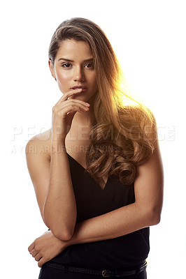 Buy stock photo Portrait of a well-dressed young woman posing confidently while isolated on white