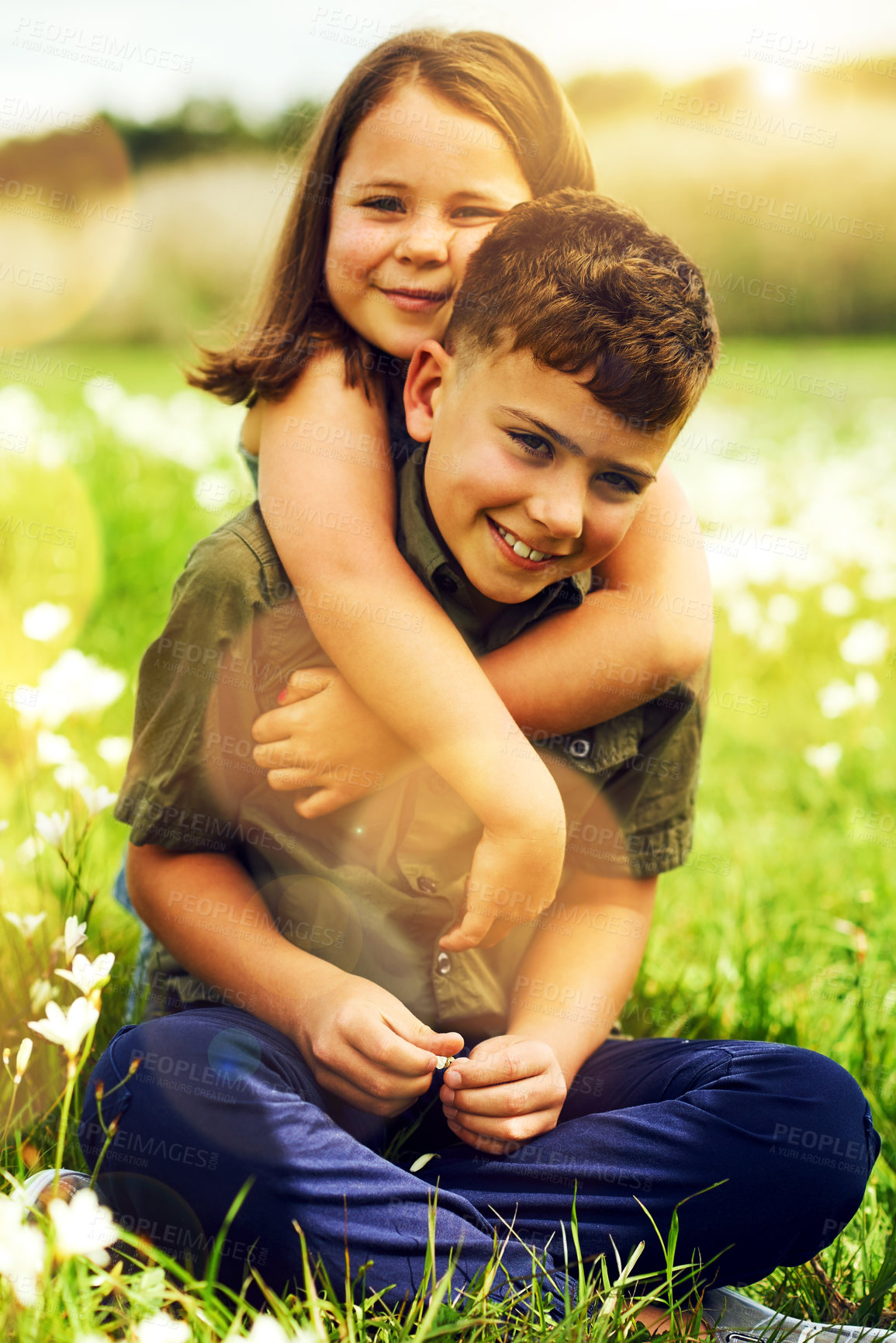 Buy stock photo Portrait, siblings and hug with smile in park together for support, bonding and playing in summer. Children, boy and girl in nature, garden and backyard for fun games as childhood development