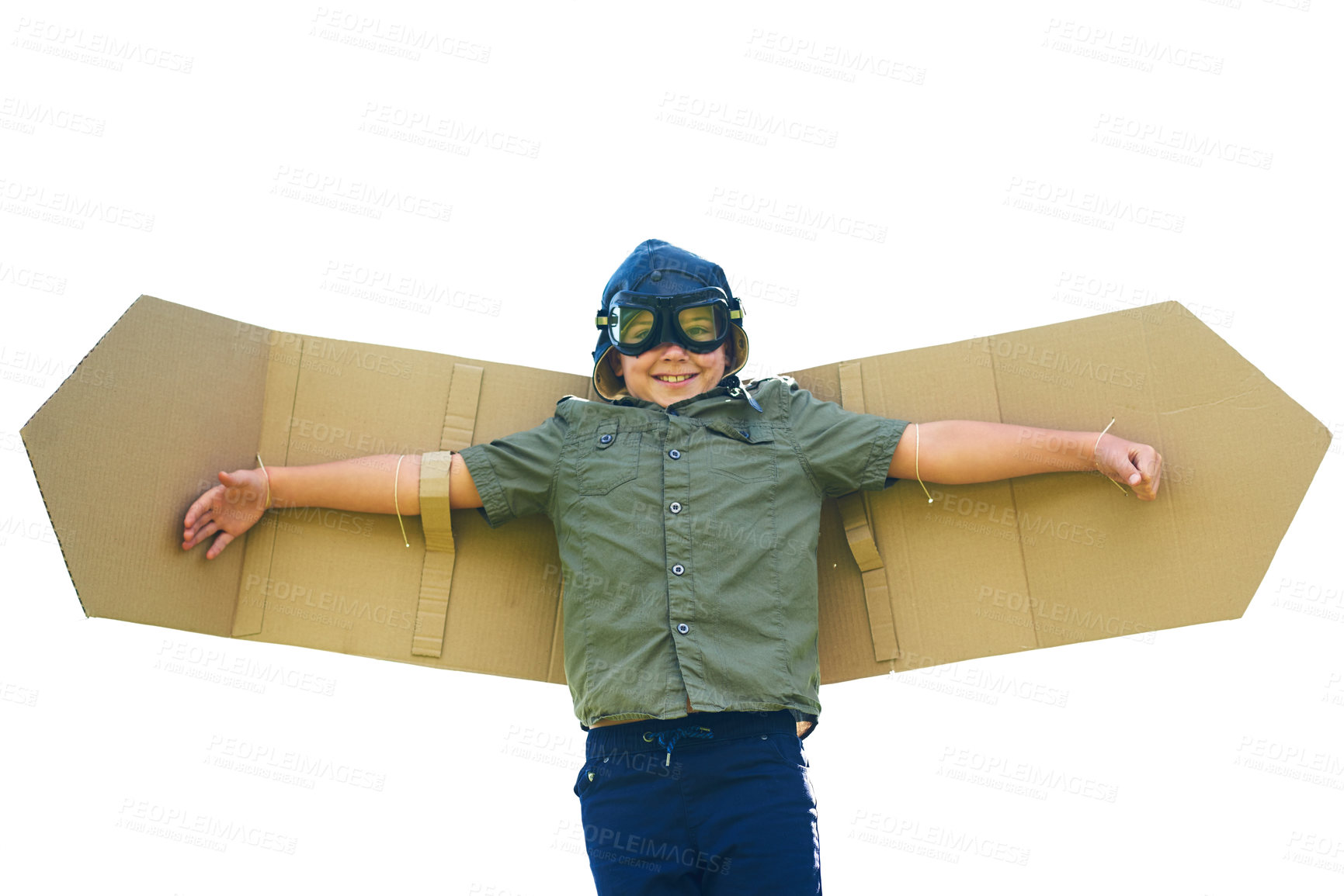 Buy stock photo Shot of a playful little boy pretending to be an airplane with a pair of cardboard wings