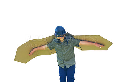 Buy stock photo Shot of a playful little boy pretending to be an airplane with a pair of cardboard wings