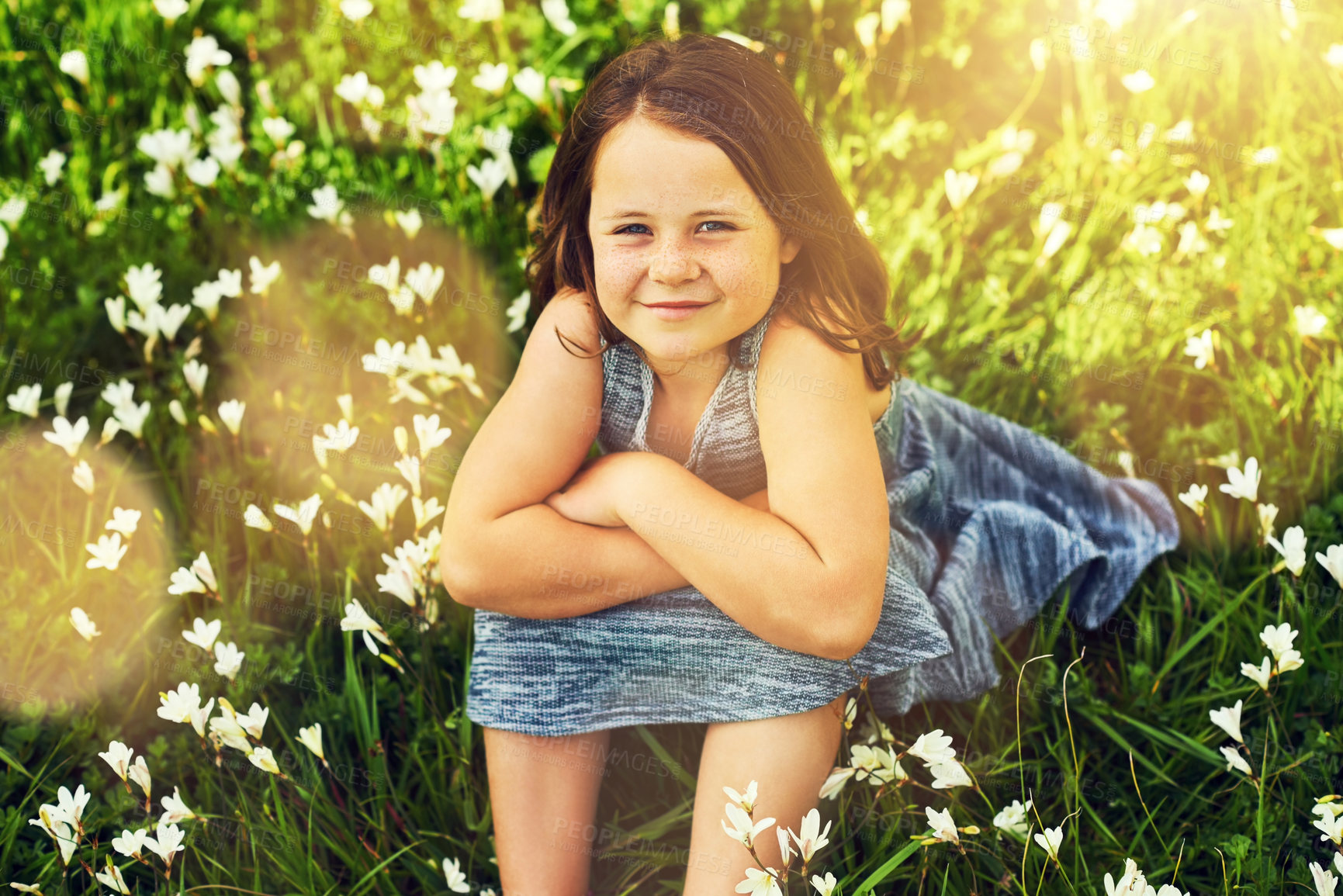 Buy stock photo Grass, girl and kid in portrait for relaxing, resting and enjoying outdoor in park. Nature, backyard and flowers in countryside with happy child on vacation, summer break and freedom with smile