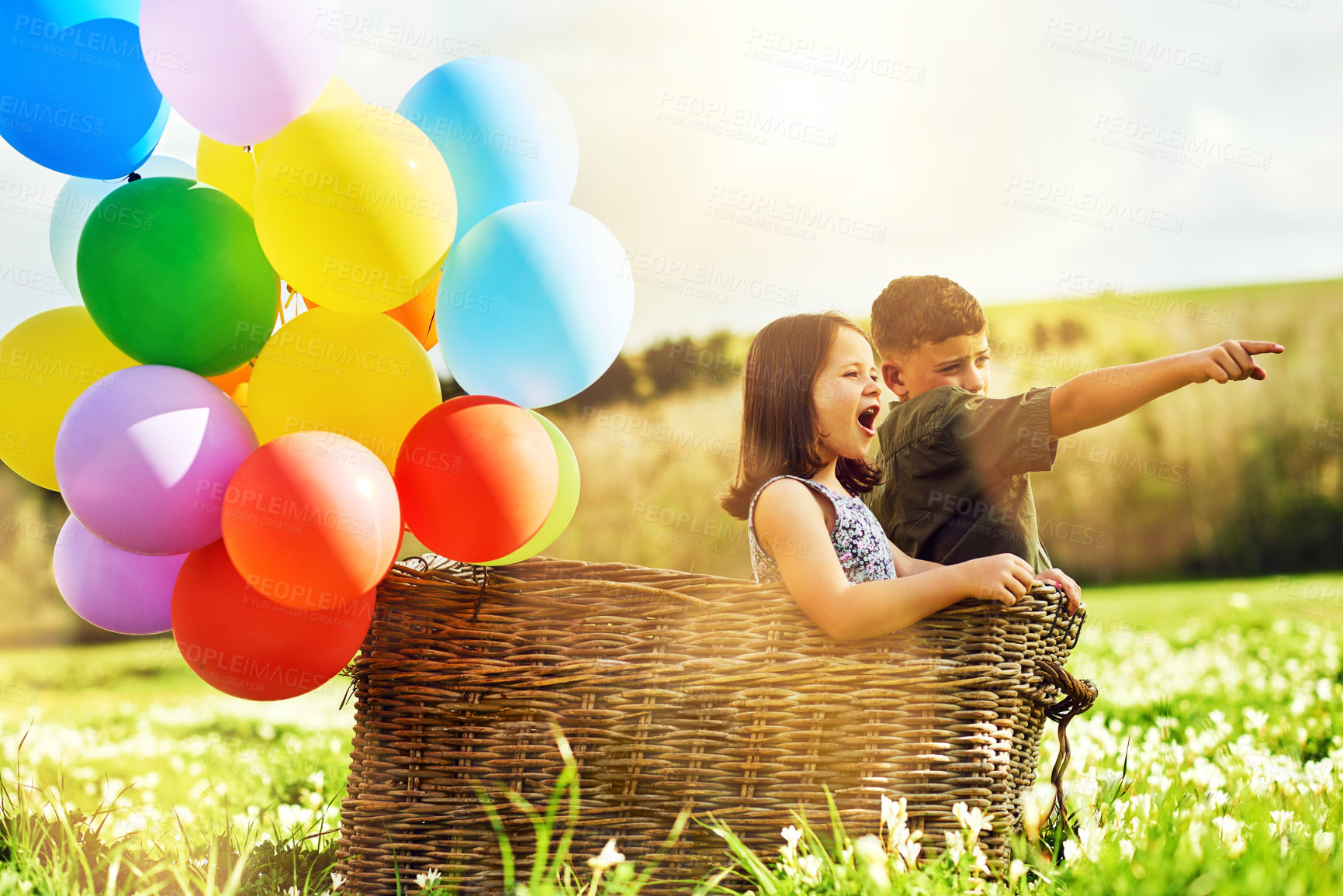 Buy stock photo Shot of a pair of adorable siblings playing with a basket and a bunch of balloons outside