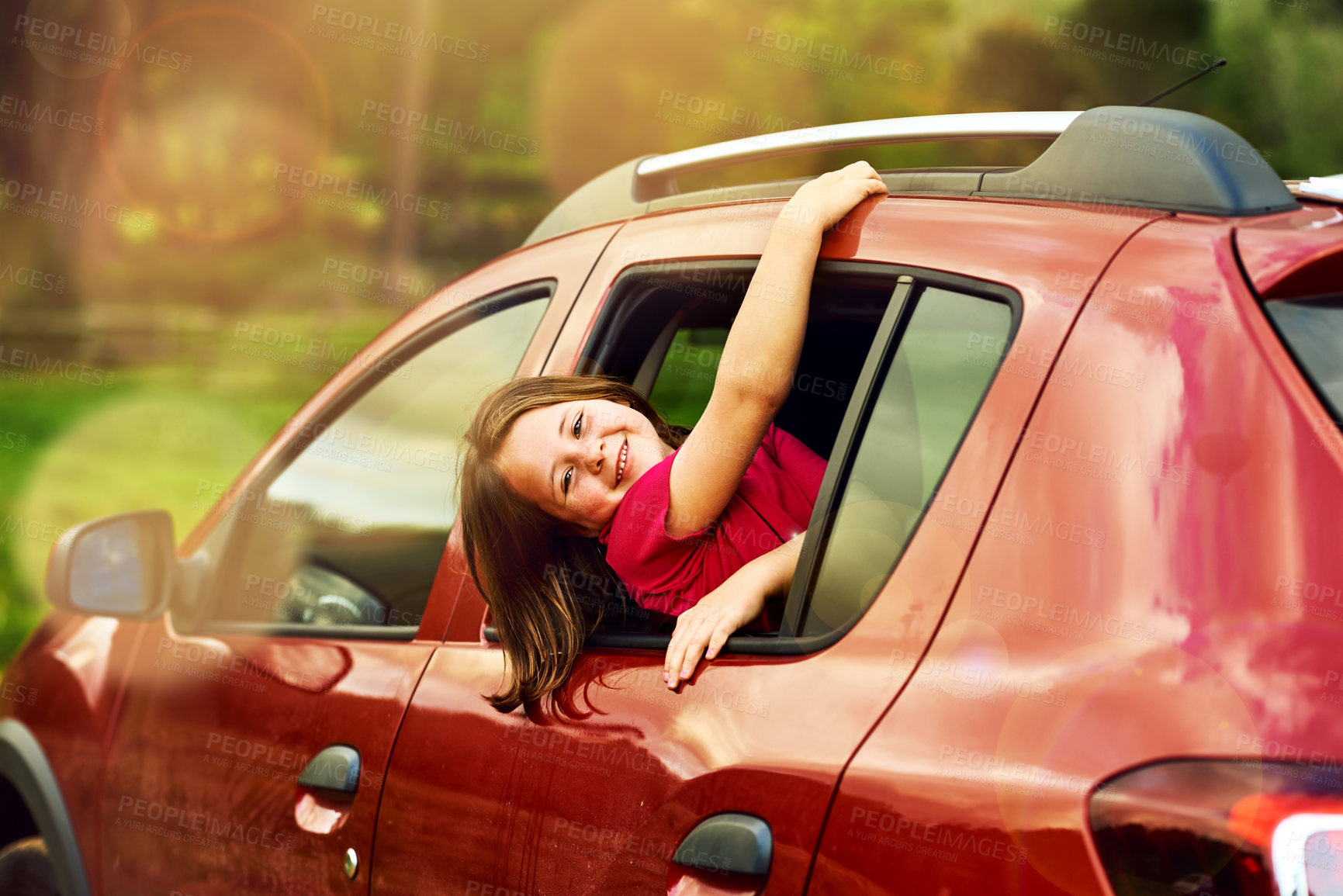 Buy stock photo Portrait, travel and child in car for road trip in nature for summer vacation, adventure or getaway. Happy, journey and girl kid by window of vehicle for transport to holiday destination in Florida.