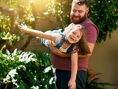 Buy stock photo Dad, kid and playing in garden with flying, smile and fun on outdoor adventure with weekend games. Energy, father and girl in backyard together in playful support, trust or happy growth with airplane