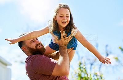 Buy stock photo Dad, girl and playing in backyard with flying, smile and fun on outdoor adventure with weekend games. Energy, father and child in garden together in playful support, trust or happiness with airplane