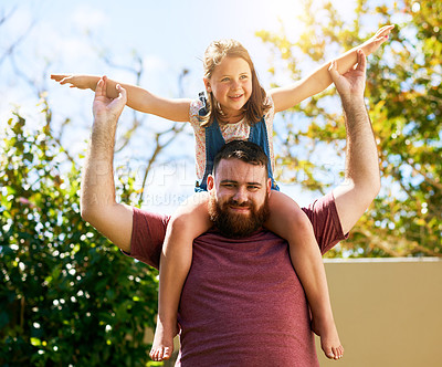 Buy stock photo Playing, dad and kid on shoulder in garden with bonding, smile and fun on outdoor adventure with weekend games. Energy, father and girl in backyard together in playful support, trust or happy love