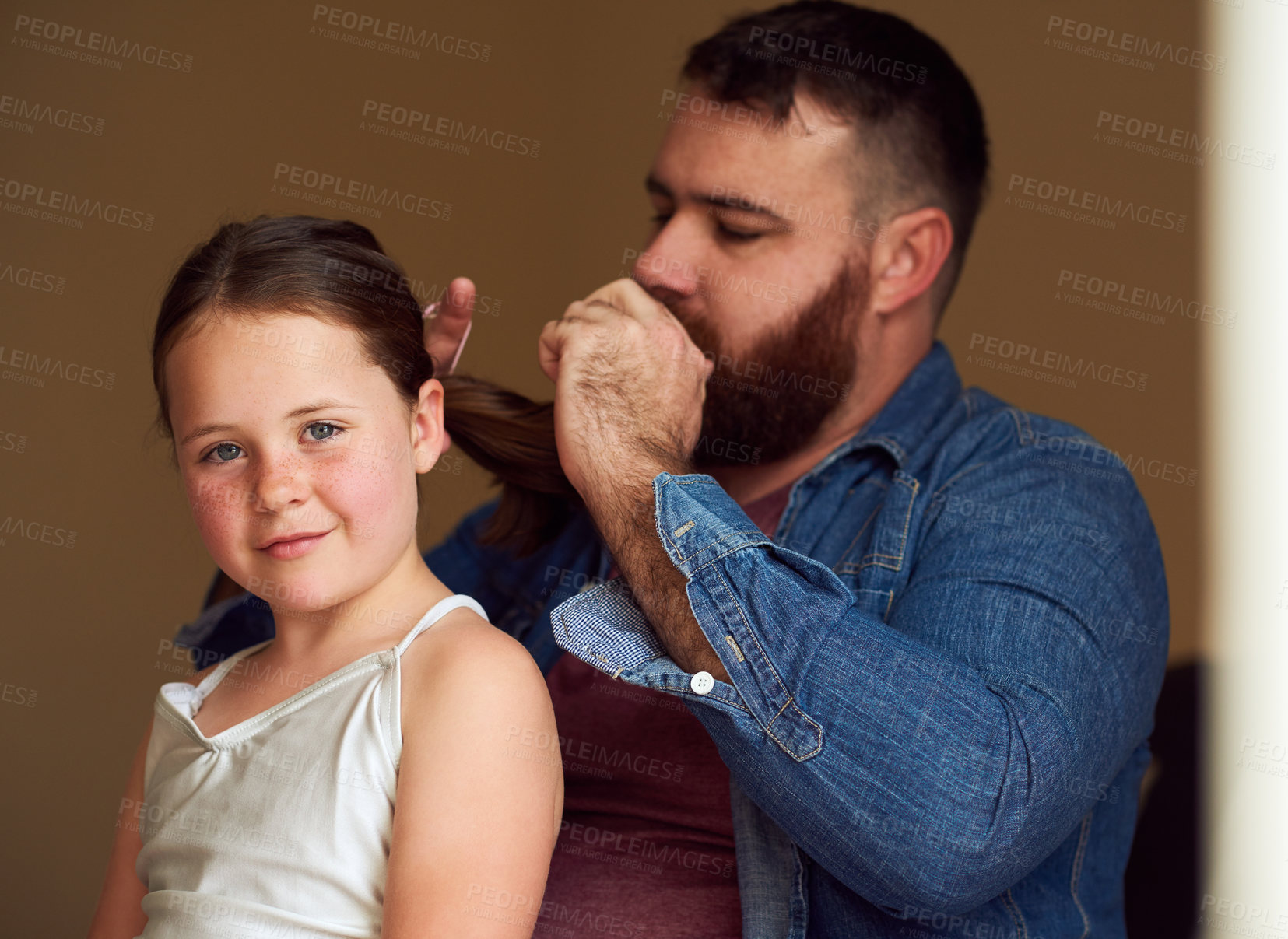 Buy stock photo Father, daughter and hairstyle in portrait with hair care, love in home and bonding as family. Male parent, girl and smile in morning routine, together with support and childhood development