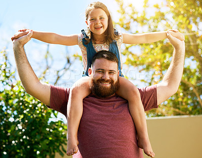 Buy stock photo Portrait, dad and kid on shoulder in garden with bonding, smile and fun on outdoor adventure with weekend games. Energy, father and girl in backyard together in playful support, trust or happy love