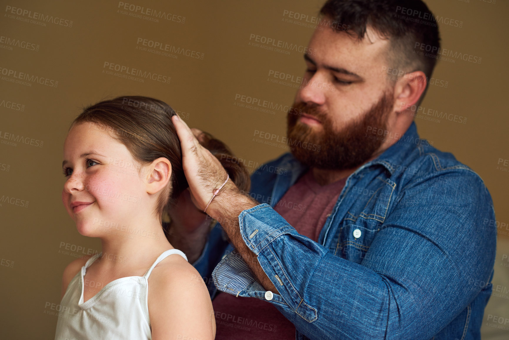 Buy stock photo Father, daughter and hairstyle in bonding with care, affection and love in home for happiness as family. Male parent, girl and smile in routine for together, memory or support in child development