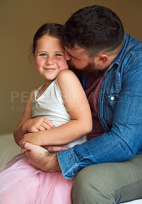 Buy stock photo Portrait, dad and girl in home with kiss, bonding and support for growth, child development and relax with family. Love, father and daughter hug with smile, care and trust for happy princess in house