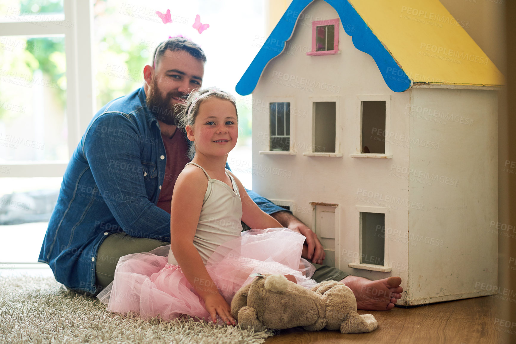 Buy stock photo Fairytale, father and girl with portrait in home for playing, fantasy or dress up game with doll house on rug. Cosplay fun, dad and daughter on floor with bonding, imagination or parenting with smile