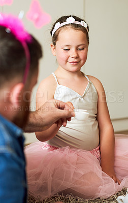 Buy stock photo Tea party, father and girl or happy in home for playing, fantasy and dress up game with youth on carpet. Cosplay fun, dad and daughter on floor with bonding, imagination and parenting with smile