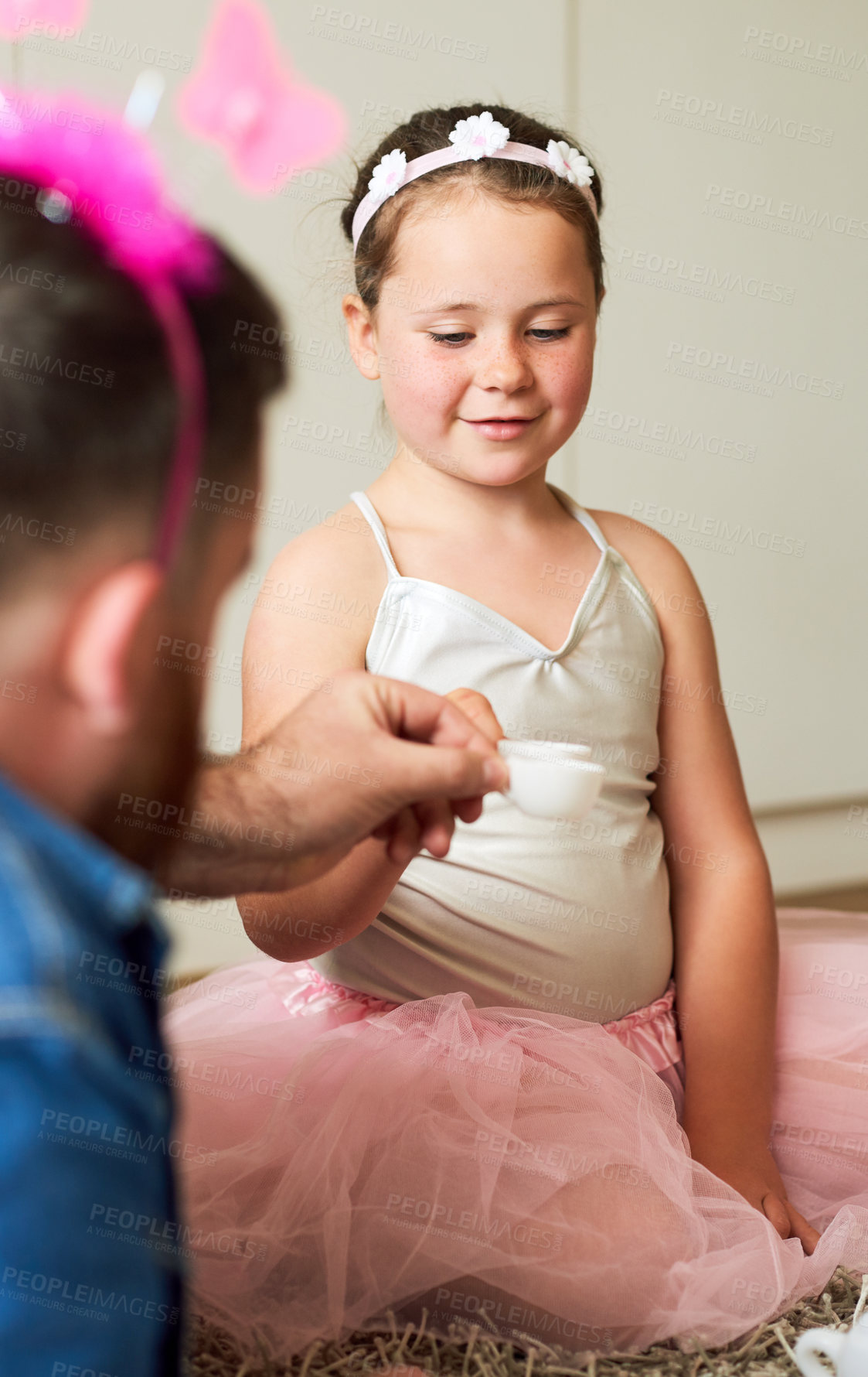 Buy stock photo Tea party, father and girl or happy in home for playing, fantasy and dress up game with youth on carpet. Cosplay fun, dad and daughter on floor with bonding, imagination and parenting with smile